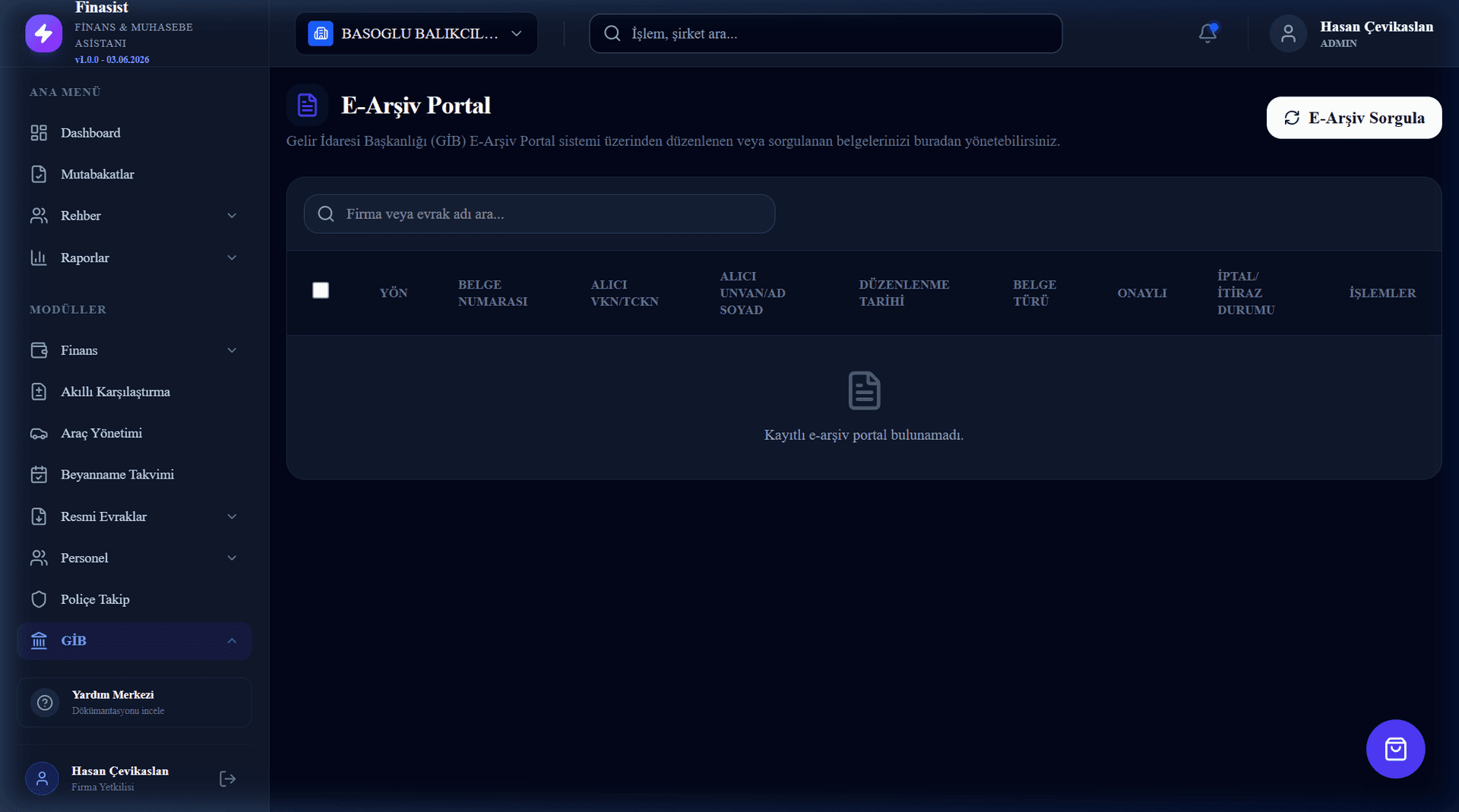 GİB E-Arşiv Portal Ekranı